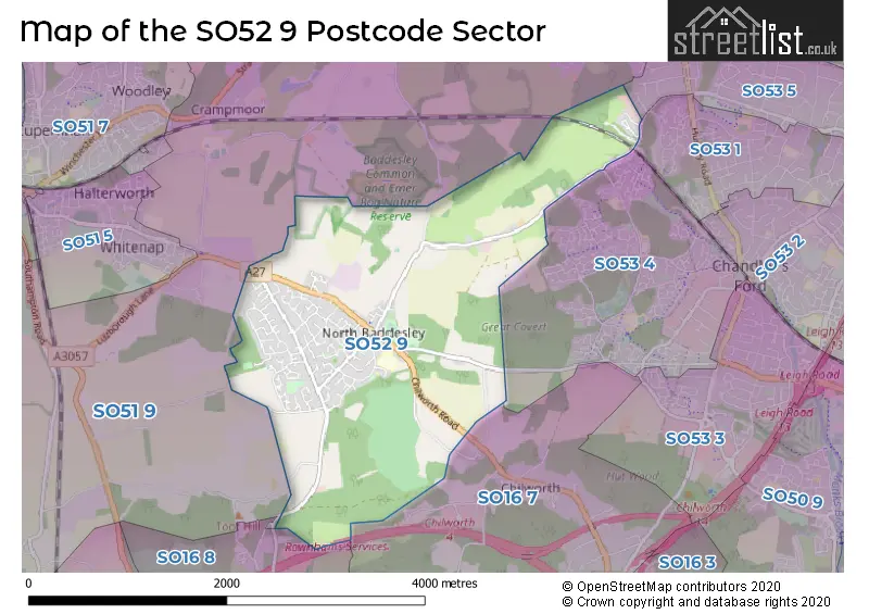 Map of the SO52 9 and surrounding postcode sector