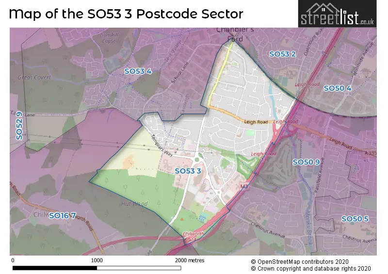 Map of the SO53 3 and surrounding postcode sector