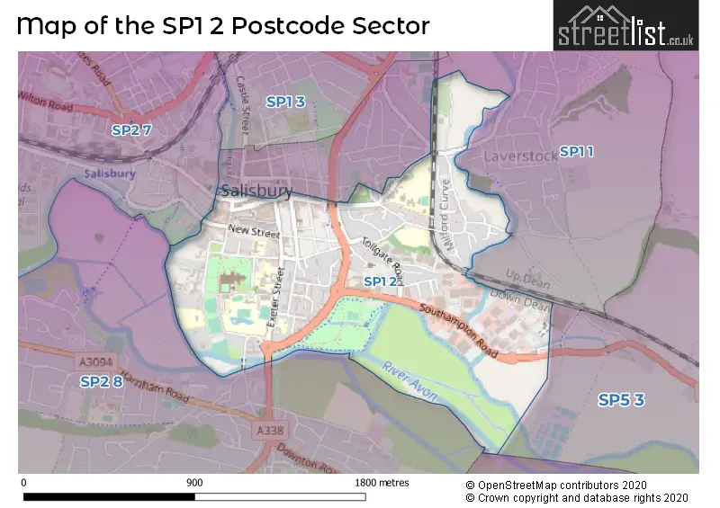 Map of the SP1 2 and surrounding postcode sector