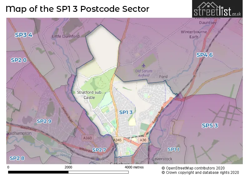 Map of the SP1 3 and surrounding postcode sector