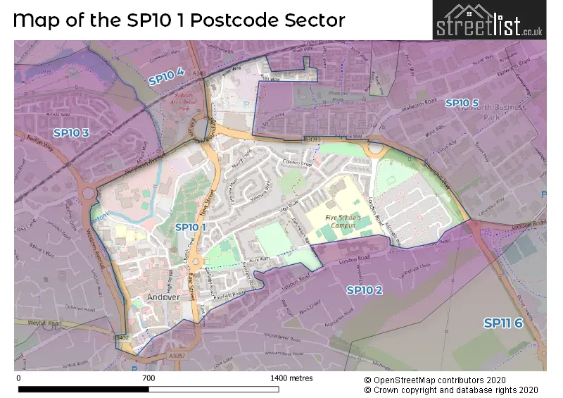 Map of the SP10 1 and surrounding postcode sector