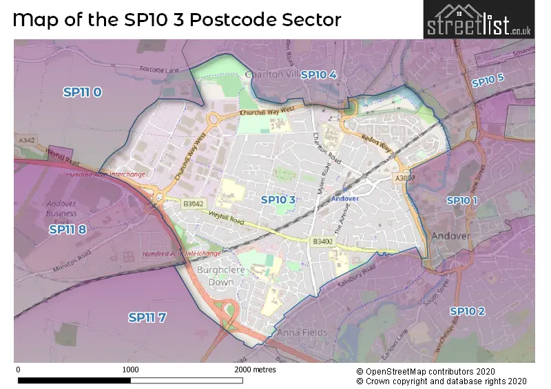 Map of the SP10 3 and surrounding postcode sector