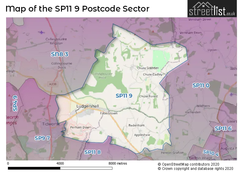 Map of the SP11 9 and surrounding postcode sector