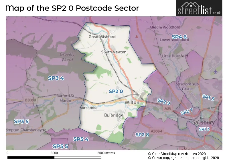 Map of the SP2 0 and surrounding postcode sector