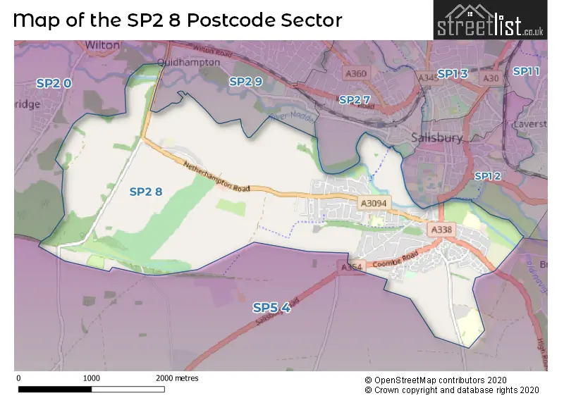 Map of the SP2 8 and surrounding postcode sector