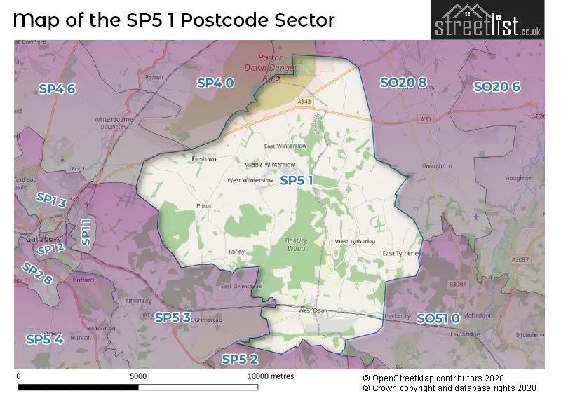 Map of the SP5 1 and surrounding postcode sector