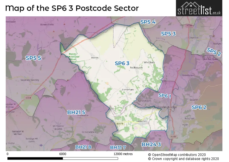 Map of the SP6 3 and surrounding postcode sector