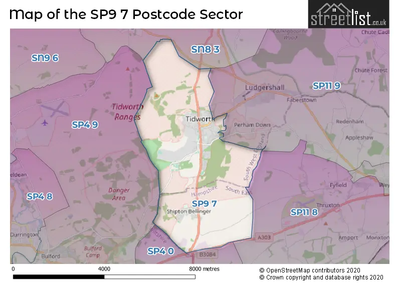 Map of the SP9 7 and surrounding postcode sector