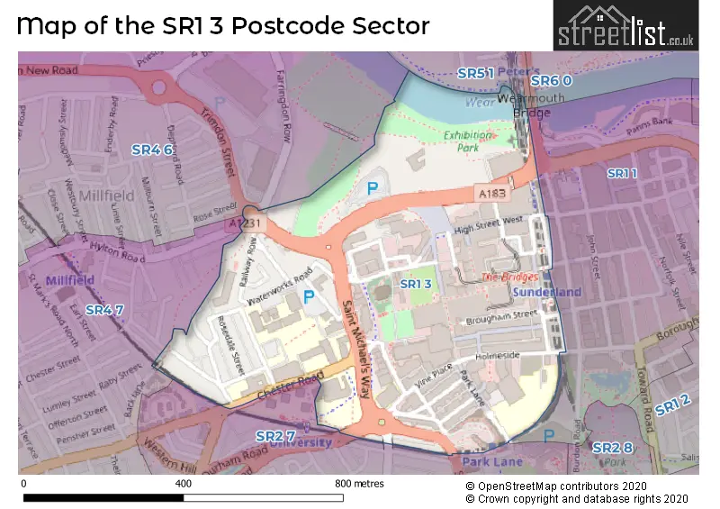 Map of the SR1 3 and surrounding postcode sector