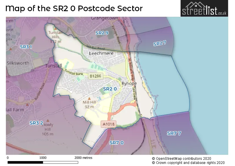 Map of the SR2 0 and surrounding postcode sector