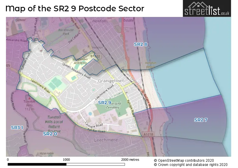 Map of the SR2 9 and surrounding postcode sector