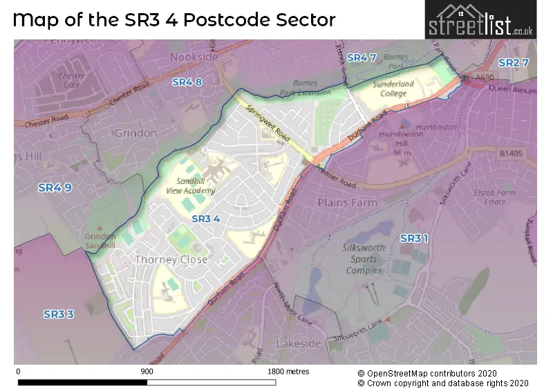 Map of the SR3 4 and surrounding postcode sector