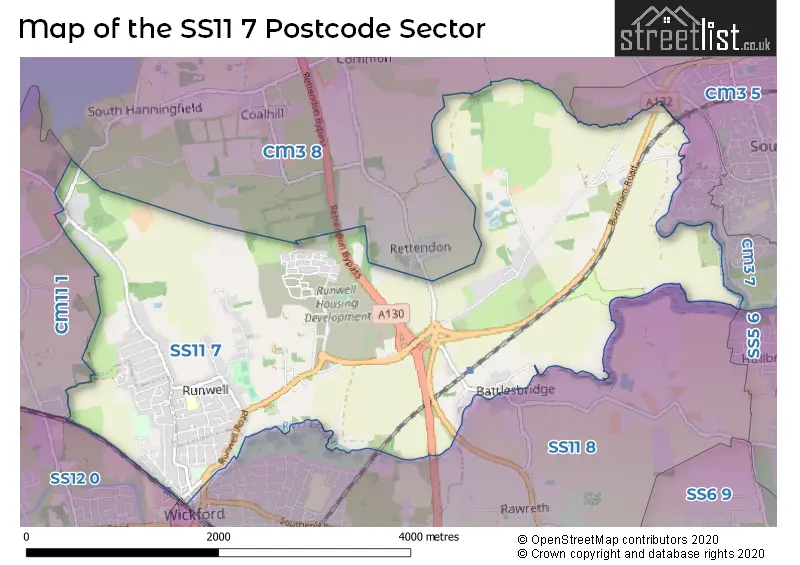 Map of the SS11 7 and surrounding postcode sector