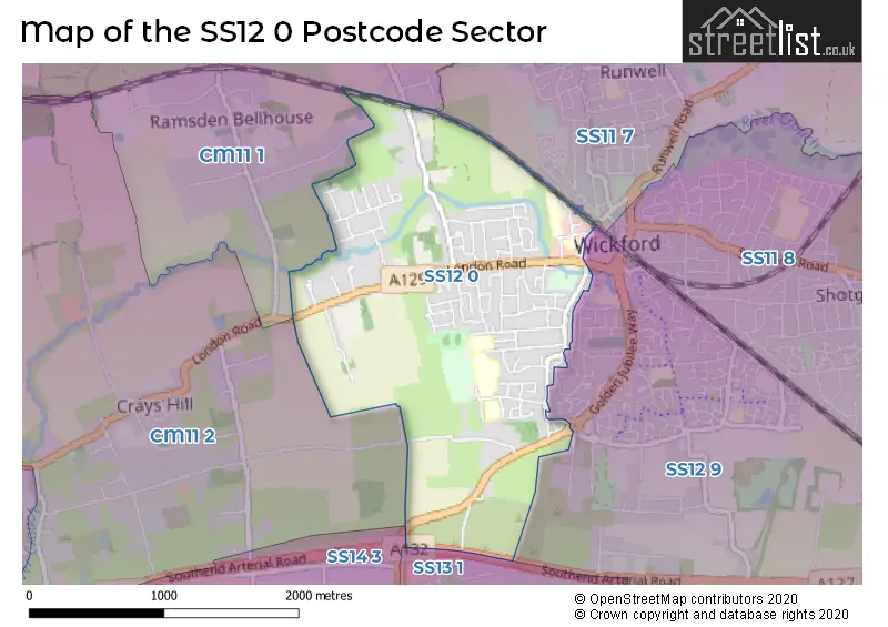 Map of the SS12 0 and surrounding postcode sector