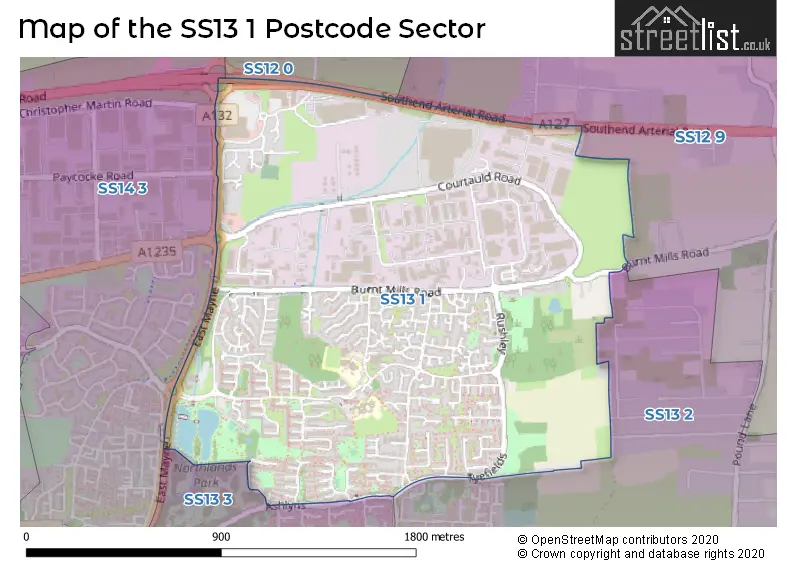 Map of the SS13 1 and surrounding postcode sector
