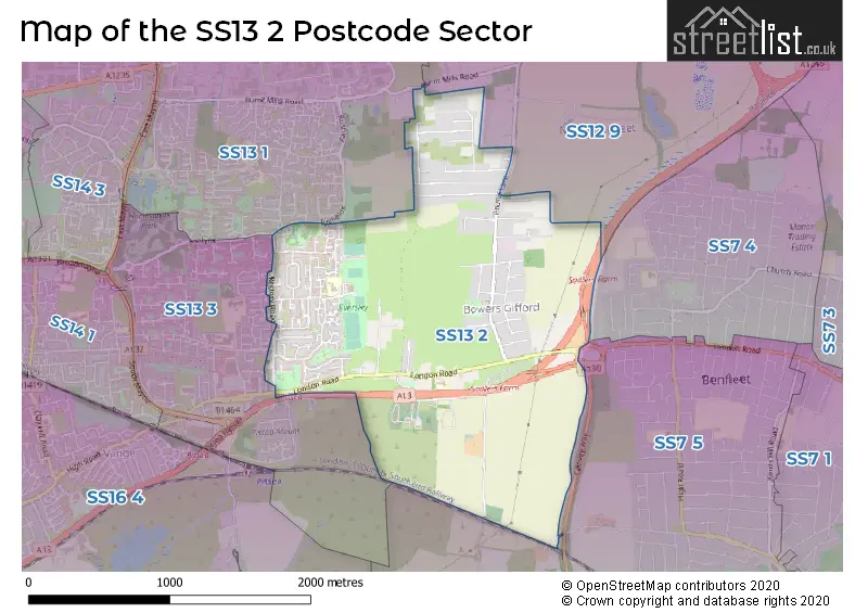 Map of the SS13 2 and surrounding postcode sector