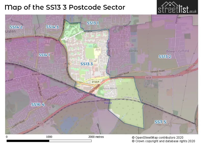 Map of the SS13 3 and surrounding postcode sector