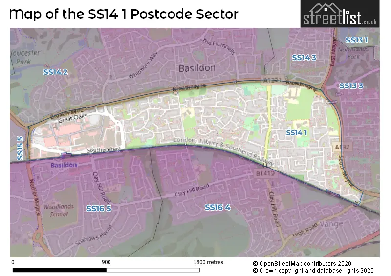 Map of the SS14 1 and surrounding postcode sector