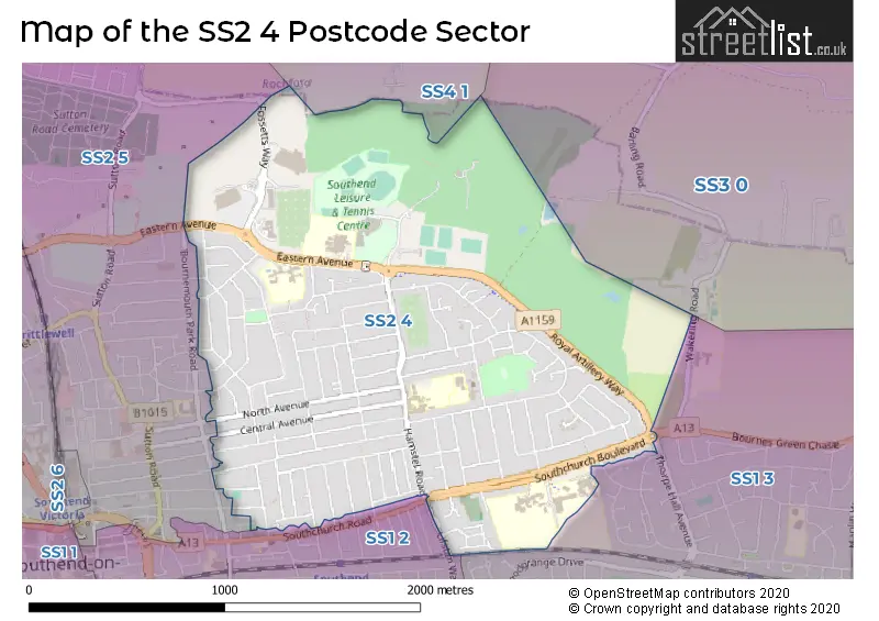 Map of the SS2 4 and surrounding postcode sector
