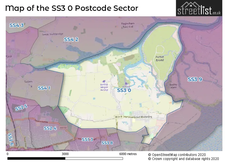 Map of the SS3 0 and surrounding postcode sector
