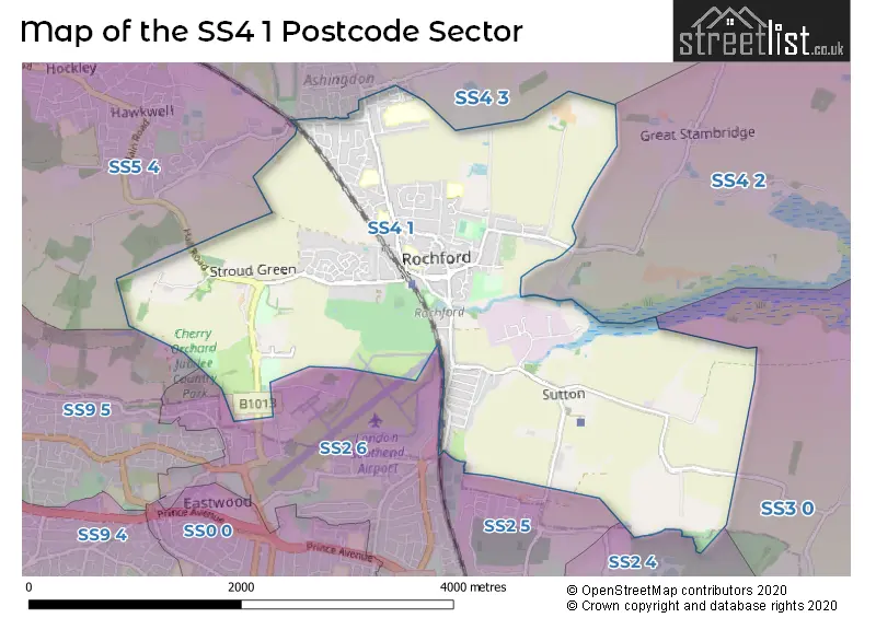 Map of the SS4 1 and surrounding postcode sector