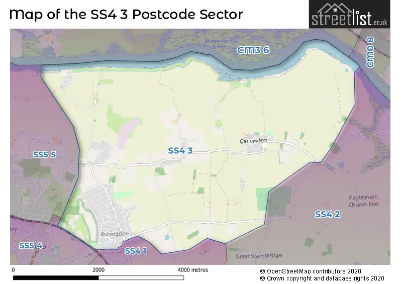 Map of the SS4 3 and surrounding postcode sector