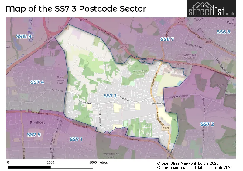 Map of the SS7 3 and surrounding postcode sector