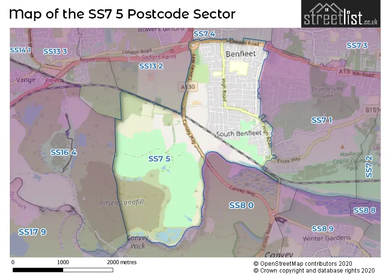 Map of the SS7 5 and surrounding postcode sector