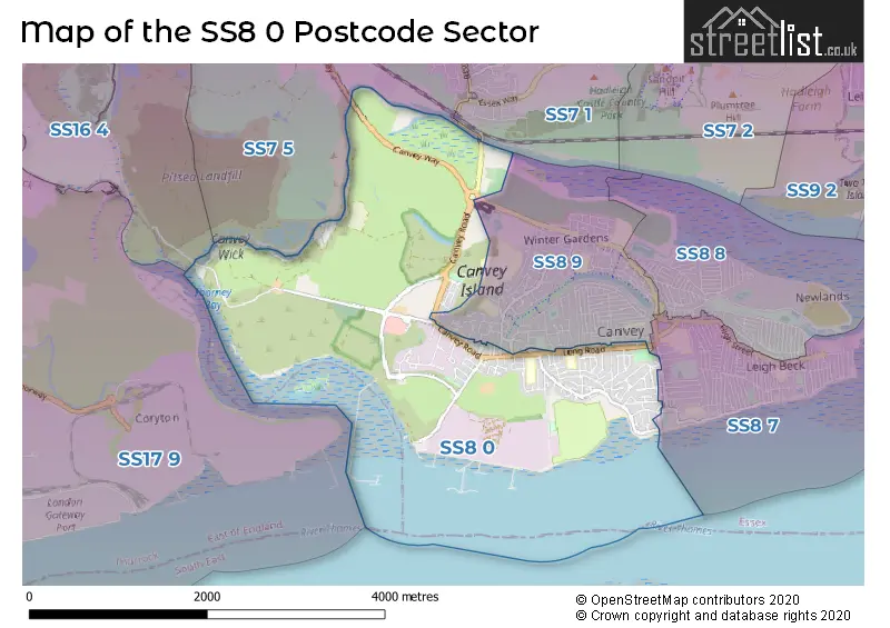 Map of the SS8 0 and surrounding postcode sector