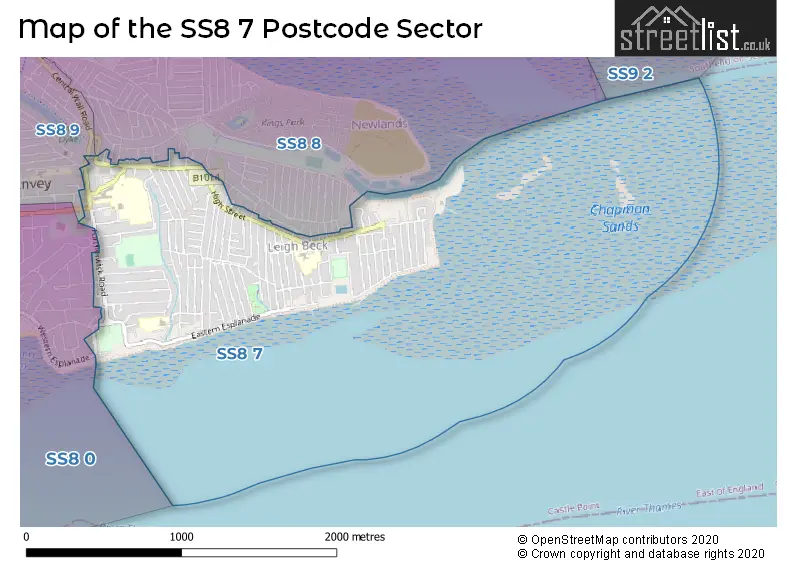 Map of the SS8 7 and surrounding postcode sector