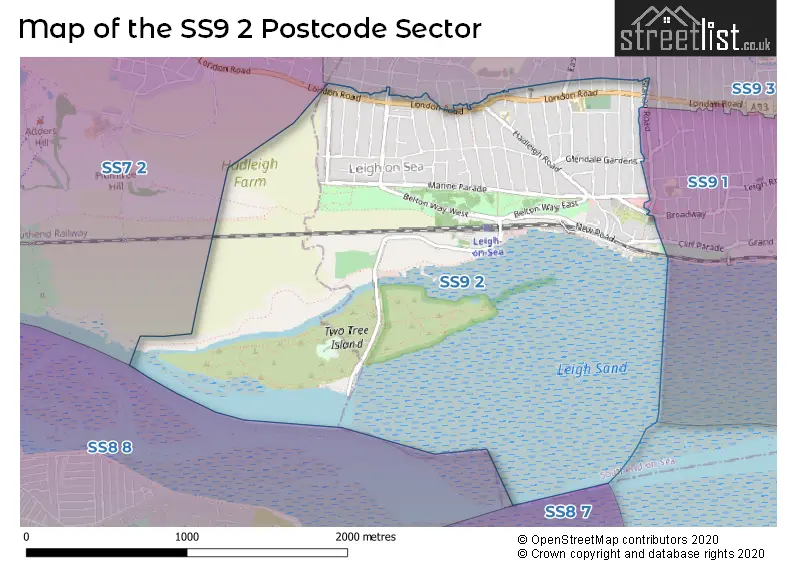 Map of the SS9 2 and surrounding postcode sector