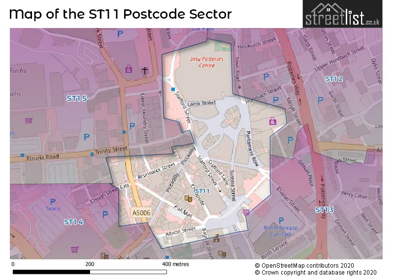 Map of the ST1 1 and surrounding postcode sector