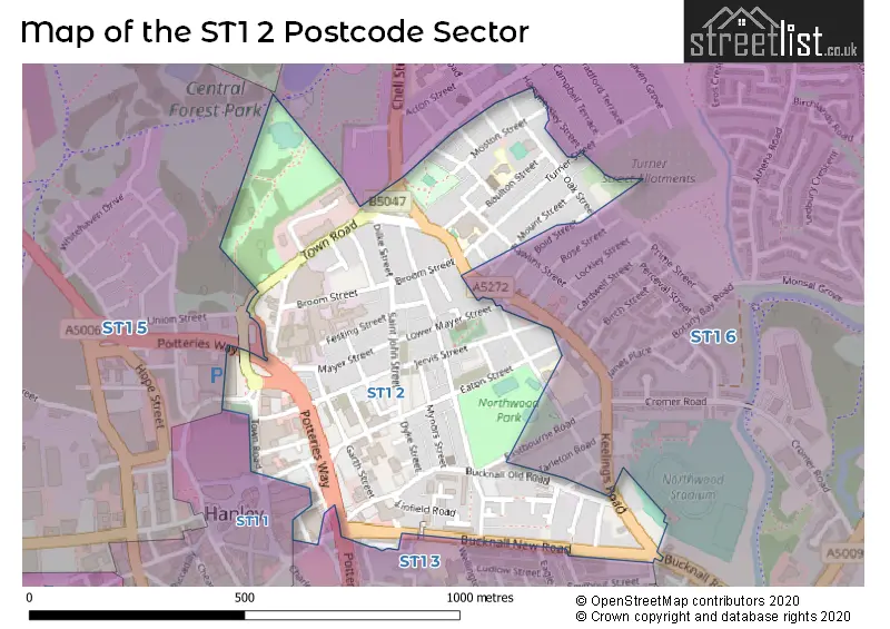 Map of the ST1 2 and surrounding postcode sector