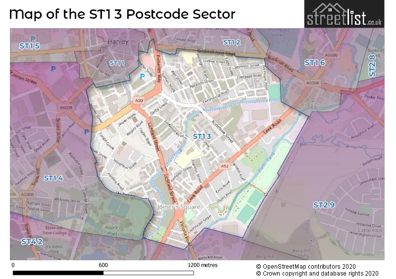 Map of the ST1 3 and surrounding postcode sector