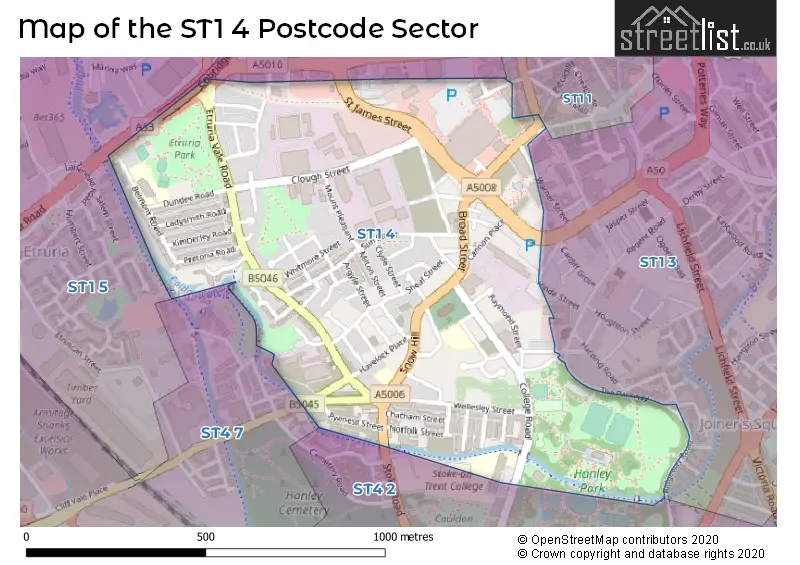 Map of the ST1 4 and surrounding postcode sector