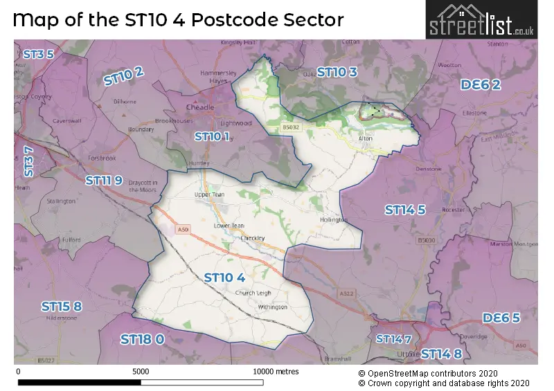 Map of the ST10 4 and surrounding postcode sector