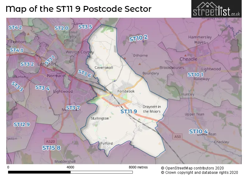 Map of the ST11 9 and surrounding postcode sector