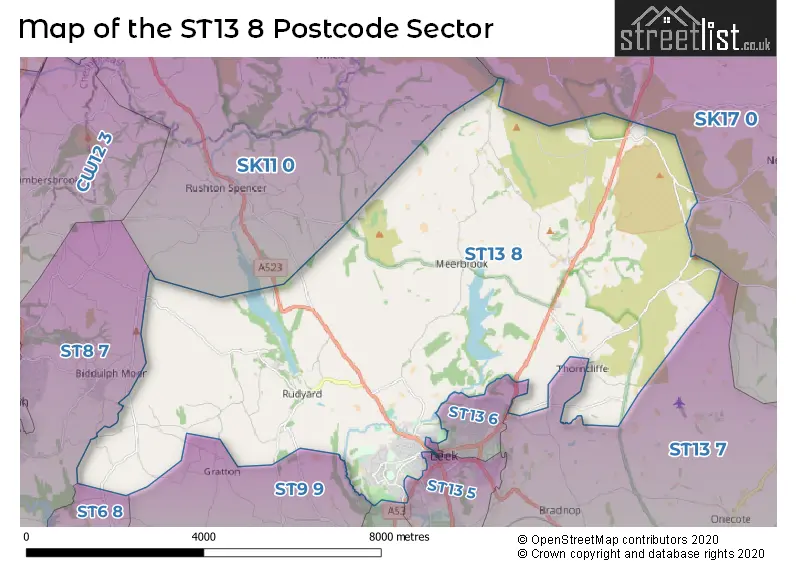 Map of the ST13 8 and surrounding postcode sector