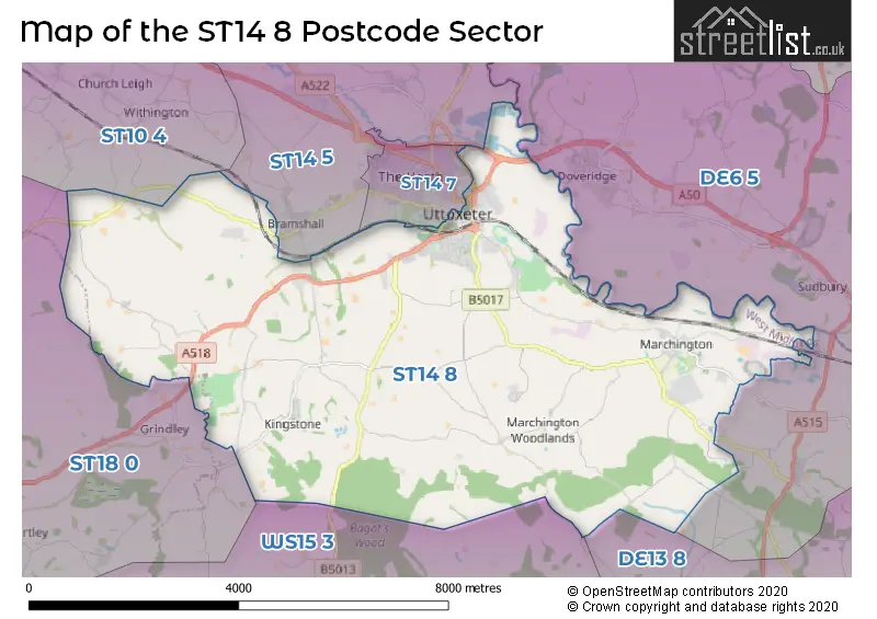 Map of the ST14 8 and surrounding postcode sector