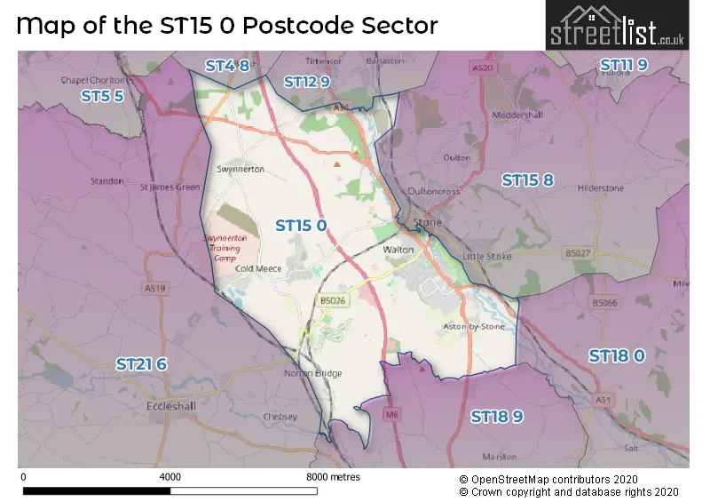 Map of the ST15 0 and surrounding postcode sector