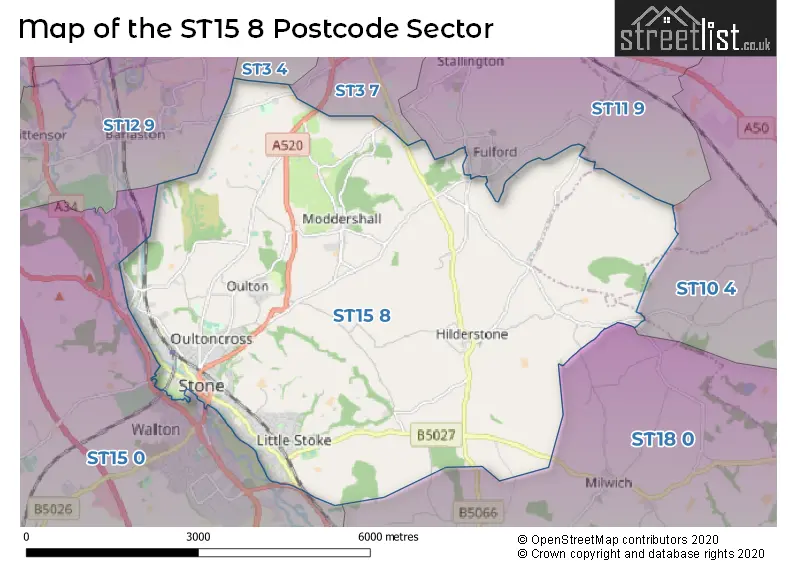Map of the ST15 8 and surrounding postcode sector