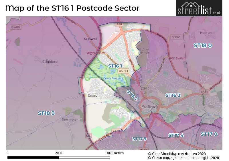 Map of the ST16 1 and surrounding postcode sector