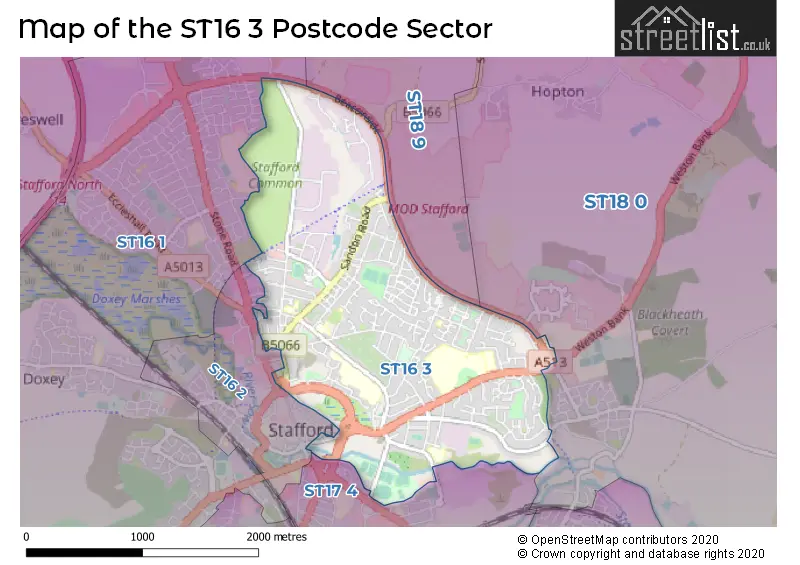 Map of the ST16 3 and surrounding postcode sector