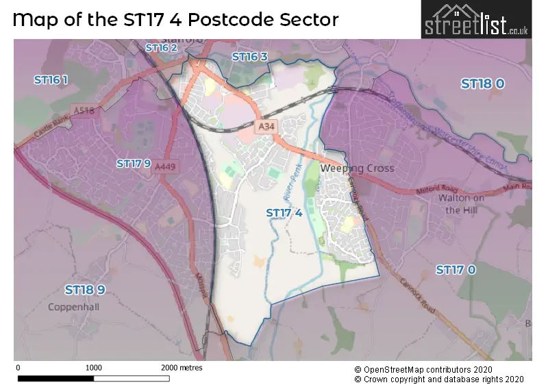 Map of the ST17 4 and surrounding postcode sector