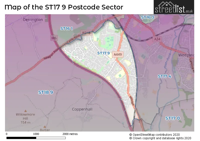 Map of the ST17 9 and surrounding postcode sector