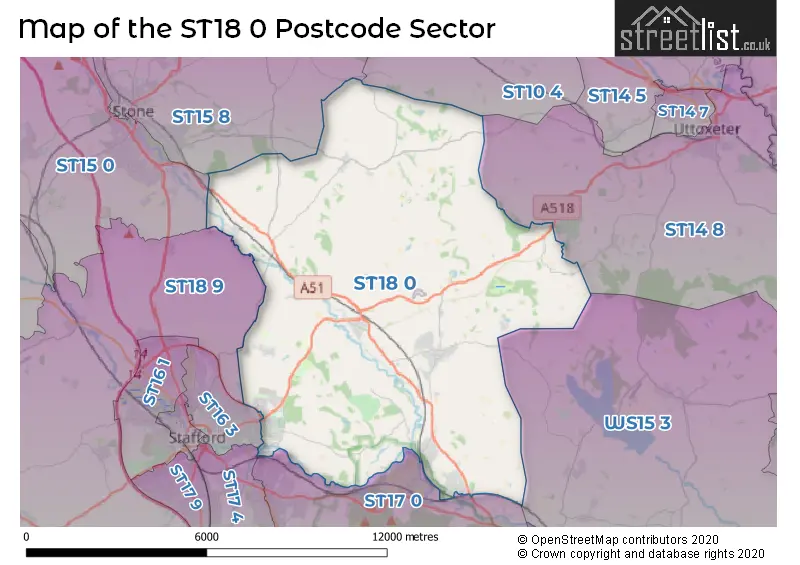 Map of the ST18 0 and surrounding postcode sector
