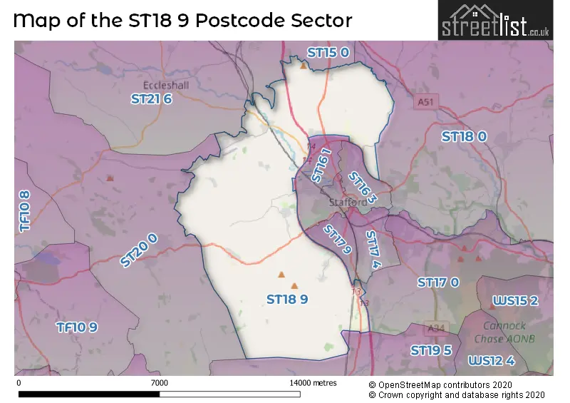 Map of the ST18 9 and surrounding postcode sector