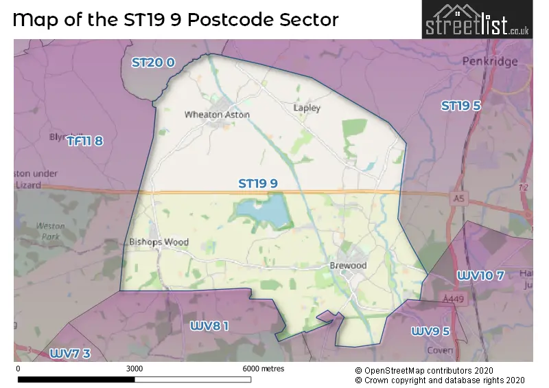Map of the ST19 9 and surrounding postcode sector
