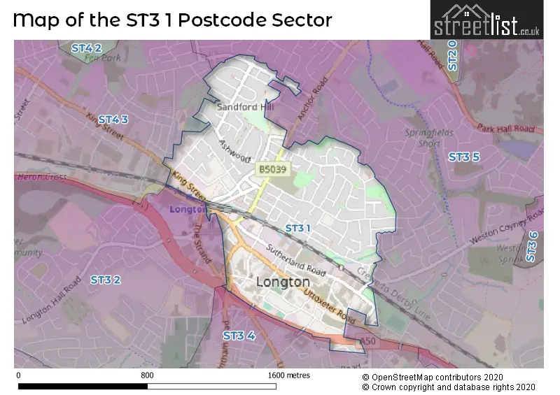 Map of the ST3 1 and surrounding postcode sector