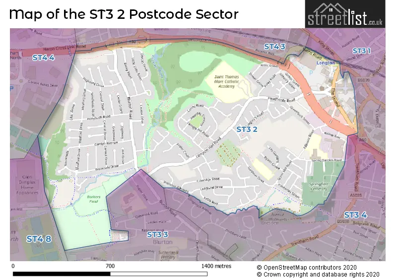 Map of the ST3 2 and surrounding postcode sector
